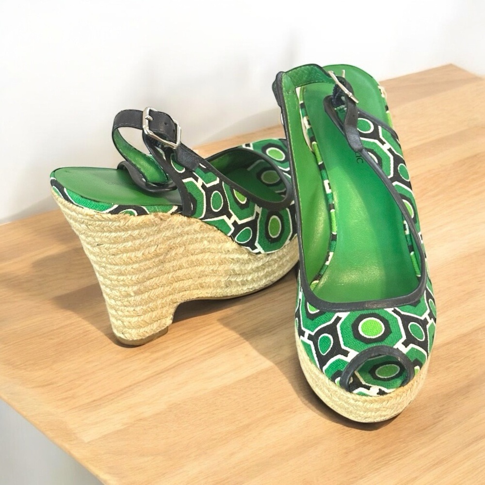 Banana Republic Espadrilles Peep Toe Wedge Sandal Slingback Size 5.5 Green Retro